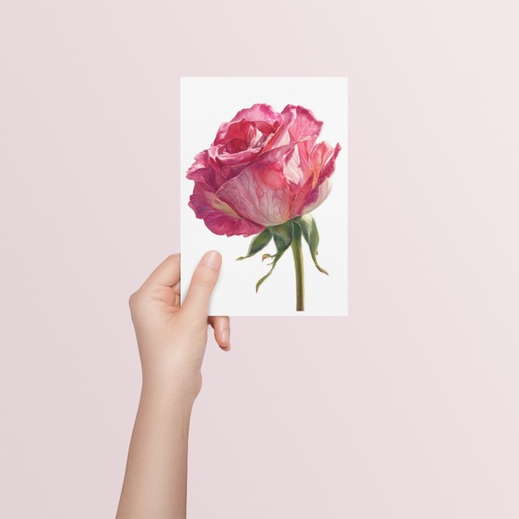 Watercolor Single Pink Rose Wall Art Print, Unframed - Delicate Floral Elegance - Picture 5 of 6